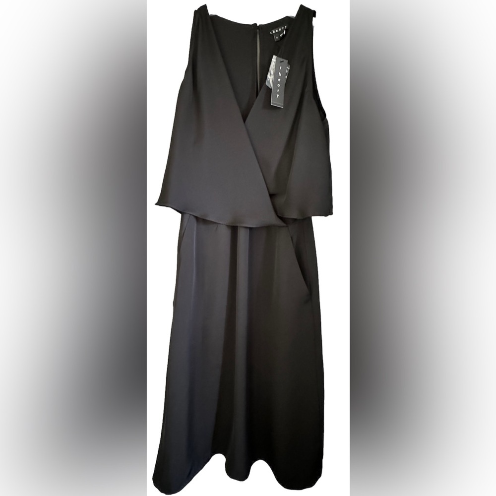 SALE $365 NWT Theory OSTEEN 100% Silk Dress Sz 0 Black V Neck With 2  Pockets